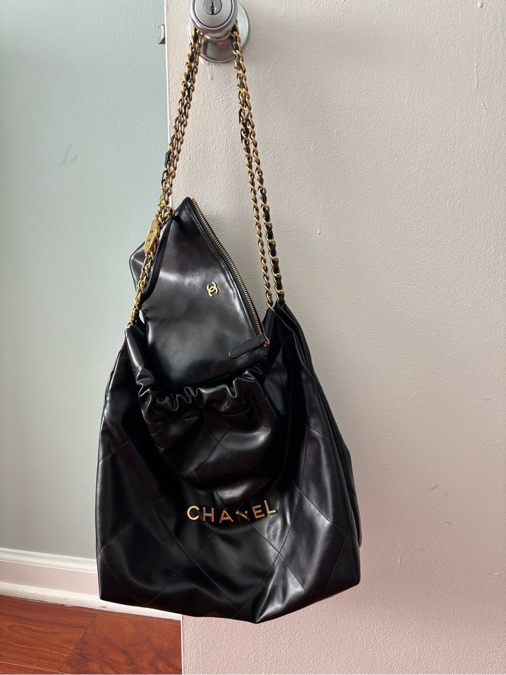 CHANEL Black Quilted Leather Shoulder Bag with Gold Hardware
